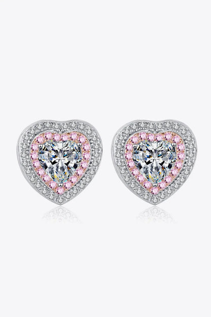 Elegant silver moissanite heart-shaped stud earrings with sparkling zircon accents