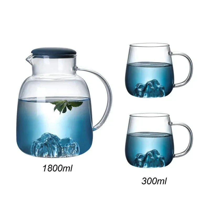 Mountain Gradient Glass Pitcher with a 1800ml capacity and ergonomic handle for serving hot and cold beverages