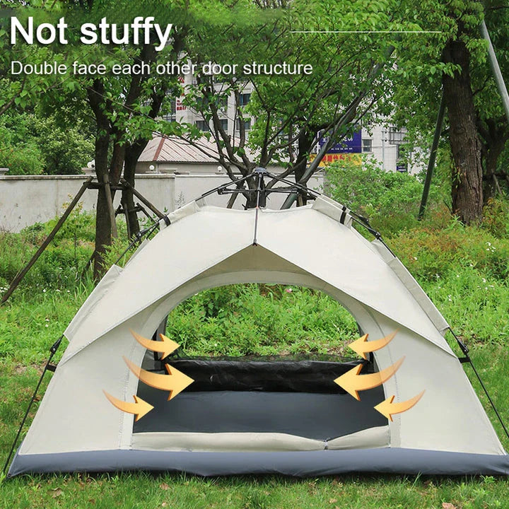 Family camping tent with easy automatic setup, durable 190T polyester fabric, and spacious interior for comfortable outdoor adventures.
