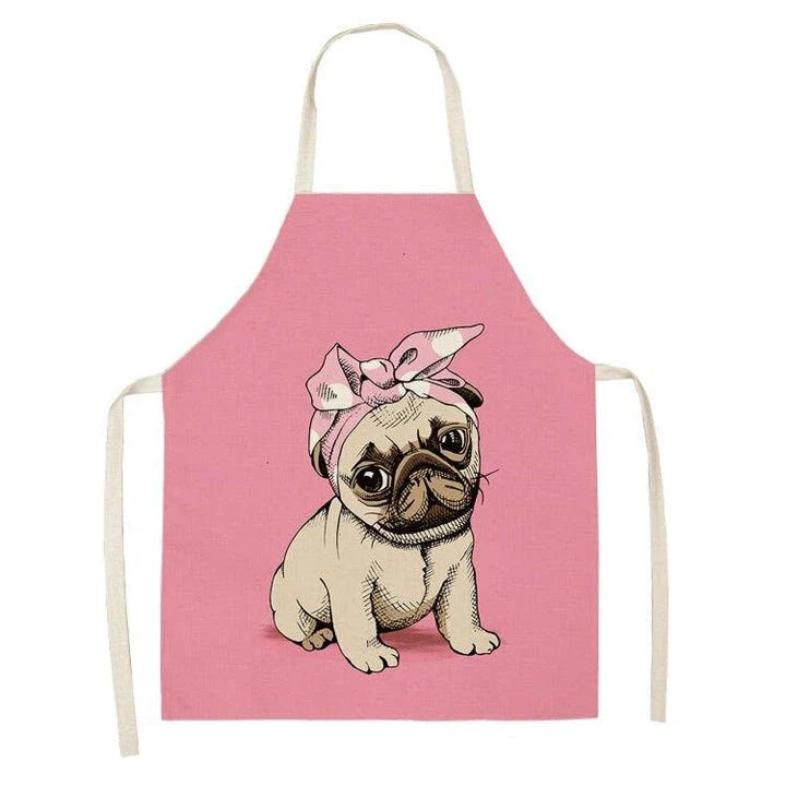 Charming pug-themed apron with a vibrant print, made of durable cotton and linen materials for practical kitchen use.