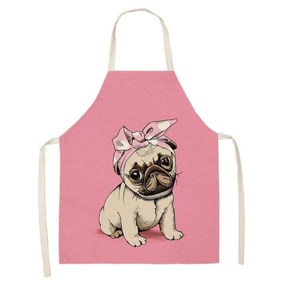 Charming pug-themed apron with a vibrant print, made of durable cotton and linen materials for practical kitchen use.