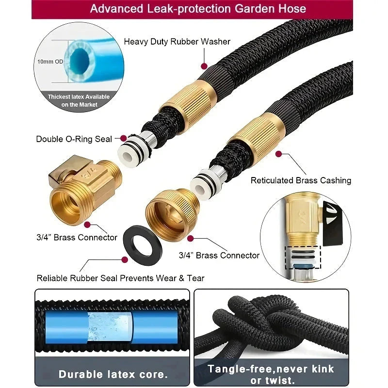 Expandable high-pressure garden hose with adjustable sprinkler head for versatile outdoor watering and cleaning tasks