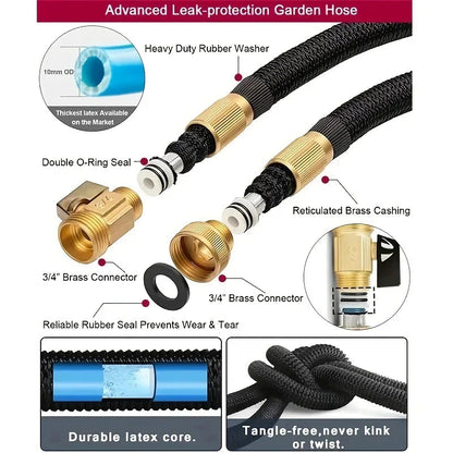 Expandable high-pressure garden hose with adjustable sprinkler head for versatile outdoor watering and cleaning tasks