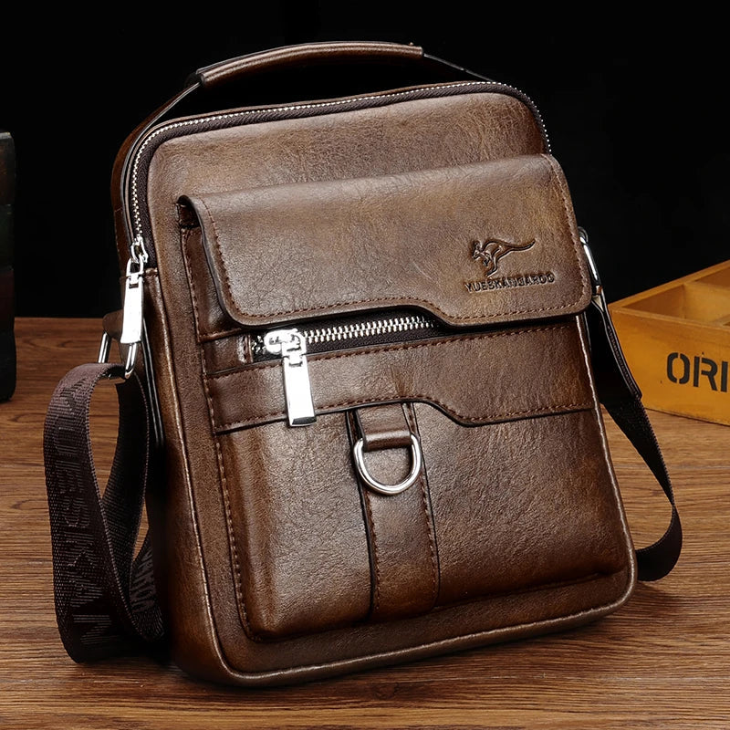 Fashionable casual men's Korean-style satchel bag made of premium PU leather with multiple compartments and adjustable strap