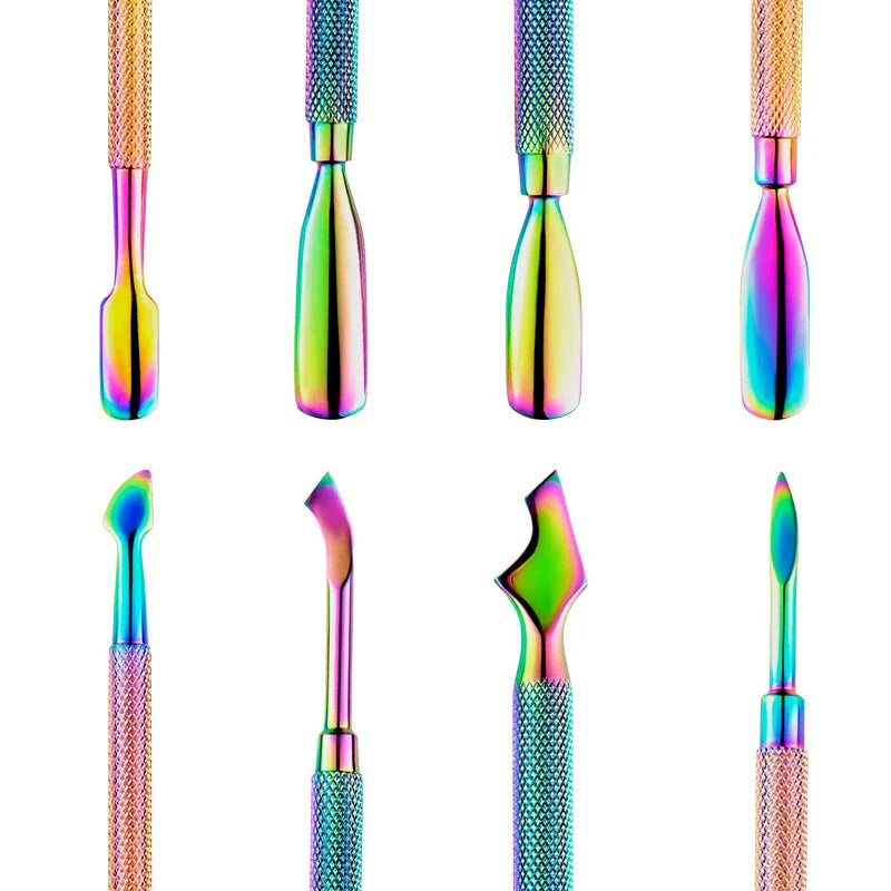 Premium stainless steel chameleon rainbow dual-ended cuticle pusher for salon-quality nail care at home