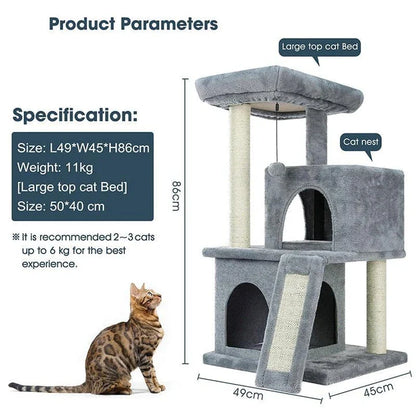 Cozy Cat Tree House with Ladder - A premium cat furniture piece featuring a spacious two-level design, sisal-covered scratching posts, and a convenient built-in ladder for your feline friend's comfort and enrichment.