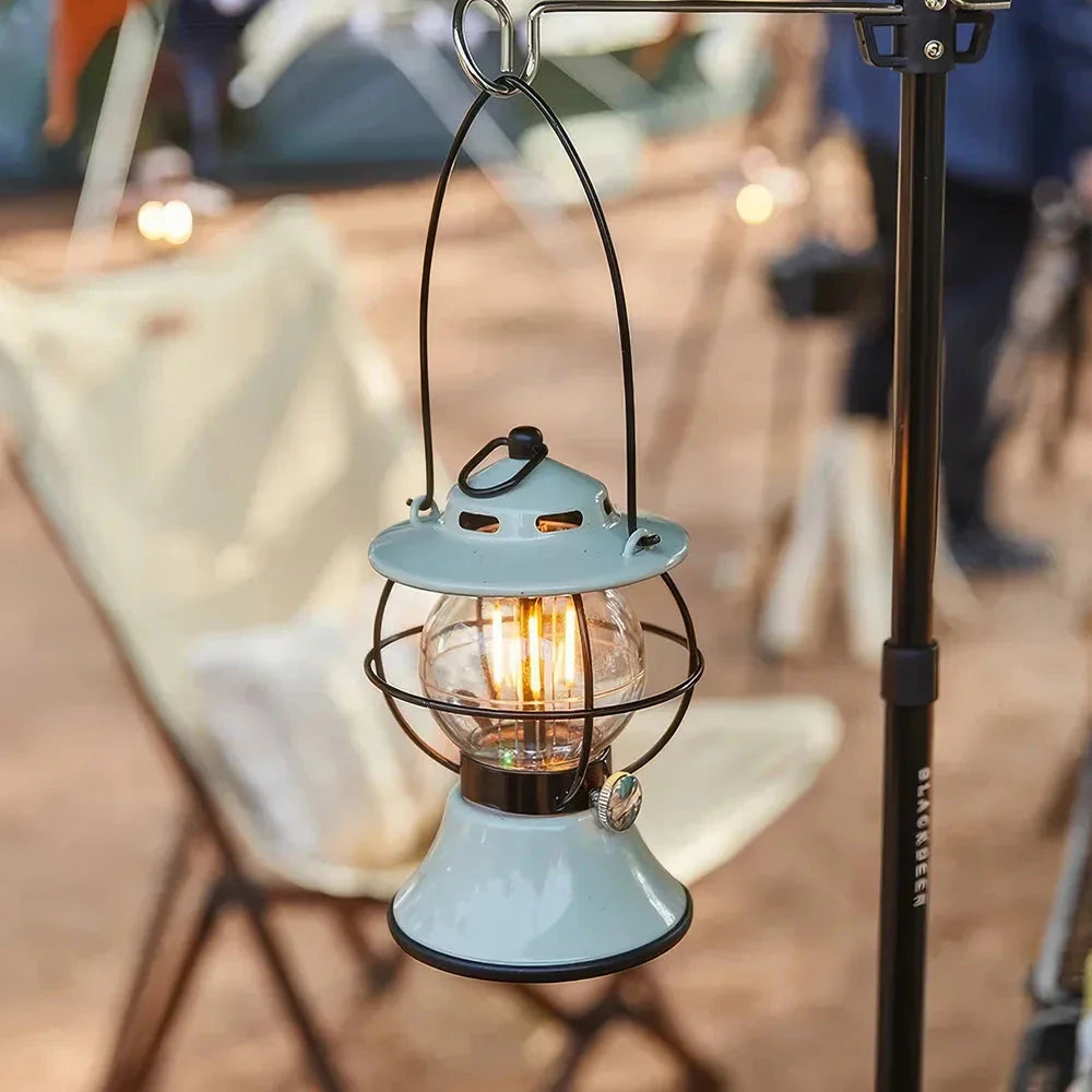 Rechargeable LED Retro Camping Lantern with adjustable light modes, 200-hour runtime, and built-in power bank for outdoor adventures