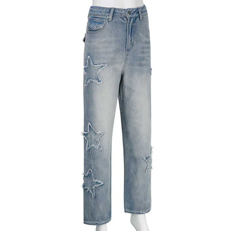 Premium embroidered high-rise straight leg denim jeans in a classic blue color