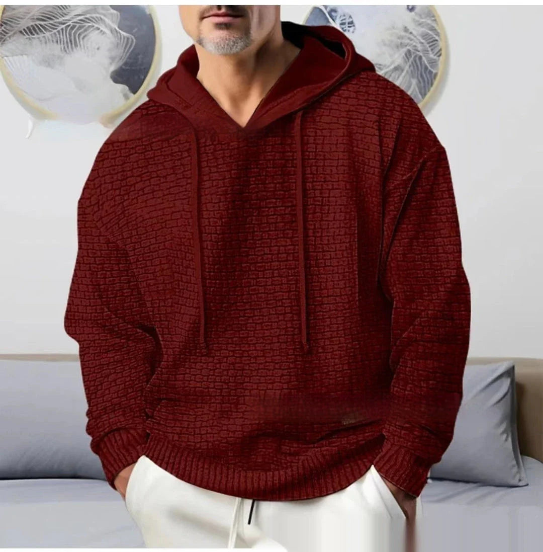 Cozy hooded jacquard sweater for modern American men, available in multiple color options and sizes