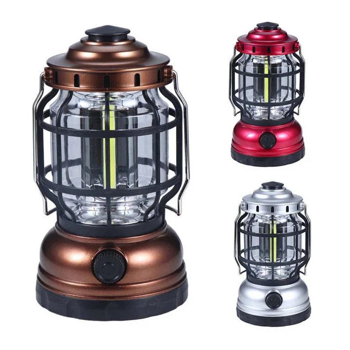 Bright and waterproof LED camping lantern with adjustable brightness and USB recharging capabilities