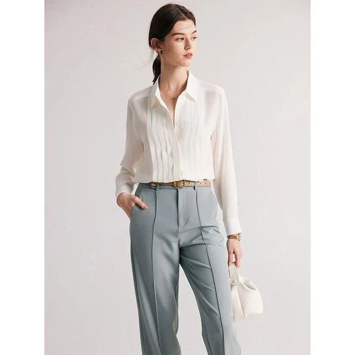 Elegant white blouse made from premium mulberry silk, designed with a sophisticated turn-down collar for the modern office lady