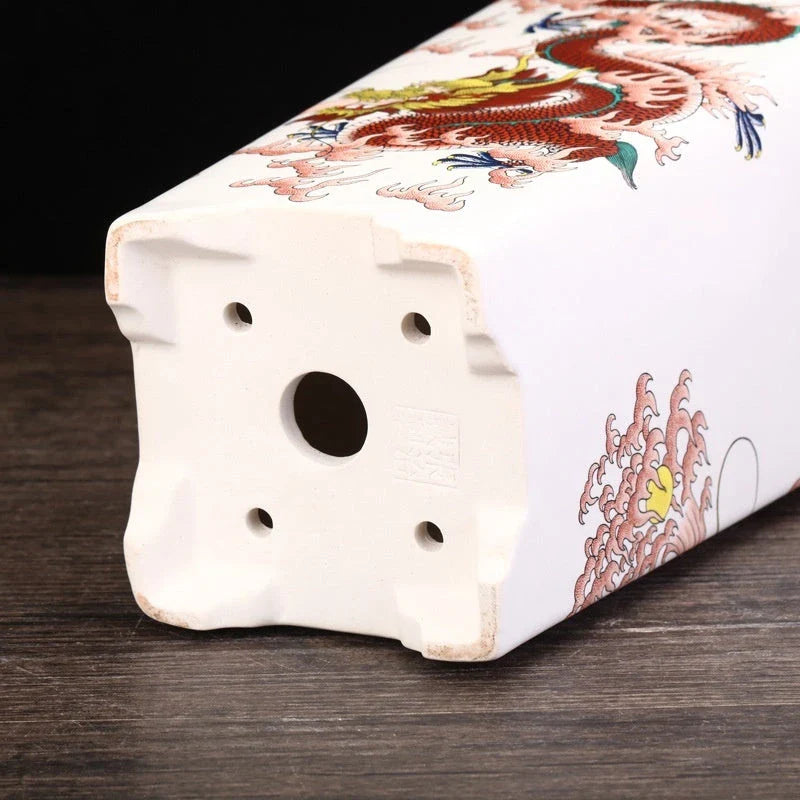 Elegant square ceramic planter in white with a Chinese-inspired design, suitable for indoor plants like asparagus fern and orchid.