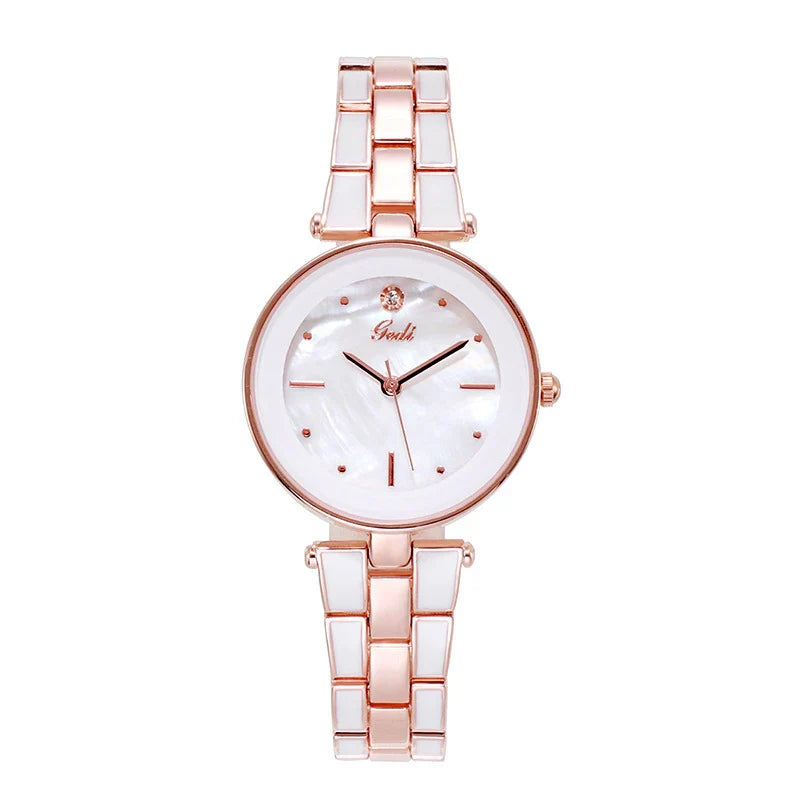 Trendy Korean-style white quartz ladies watch with rose gold accents and stainless steel strap