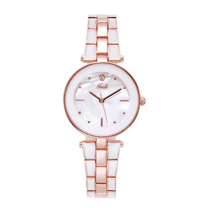 Trendy Korean-style white quartz ladies watch with rose gold accents and stainless steel strap