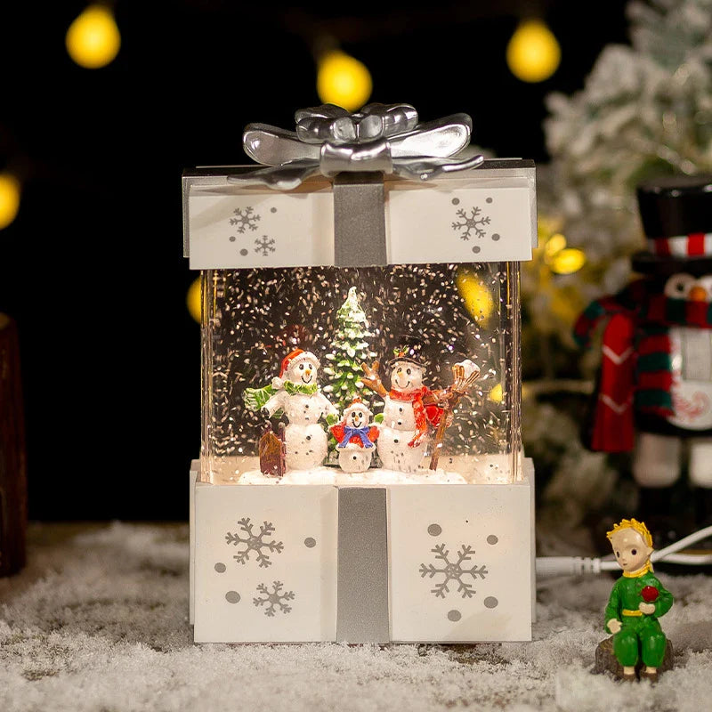 A festive red gift box with a crystal ball night lamp that emits warm, soothing lighting and plays classic Christmas songs.