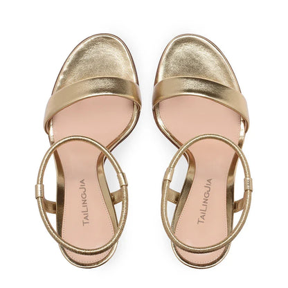 Elegant high heel banquet sandals with thick platform sole, round toe, and gold or silver finish