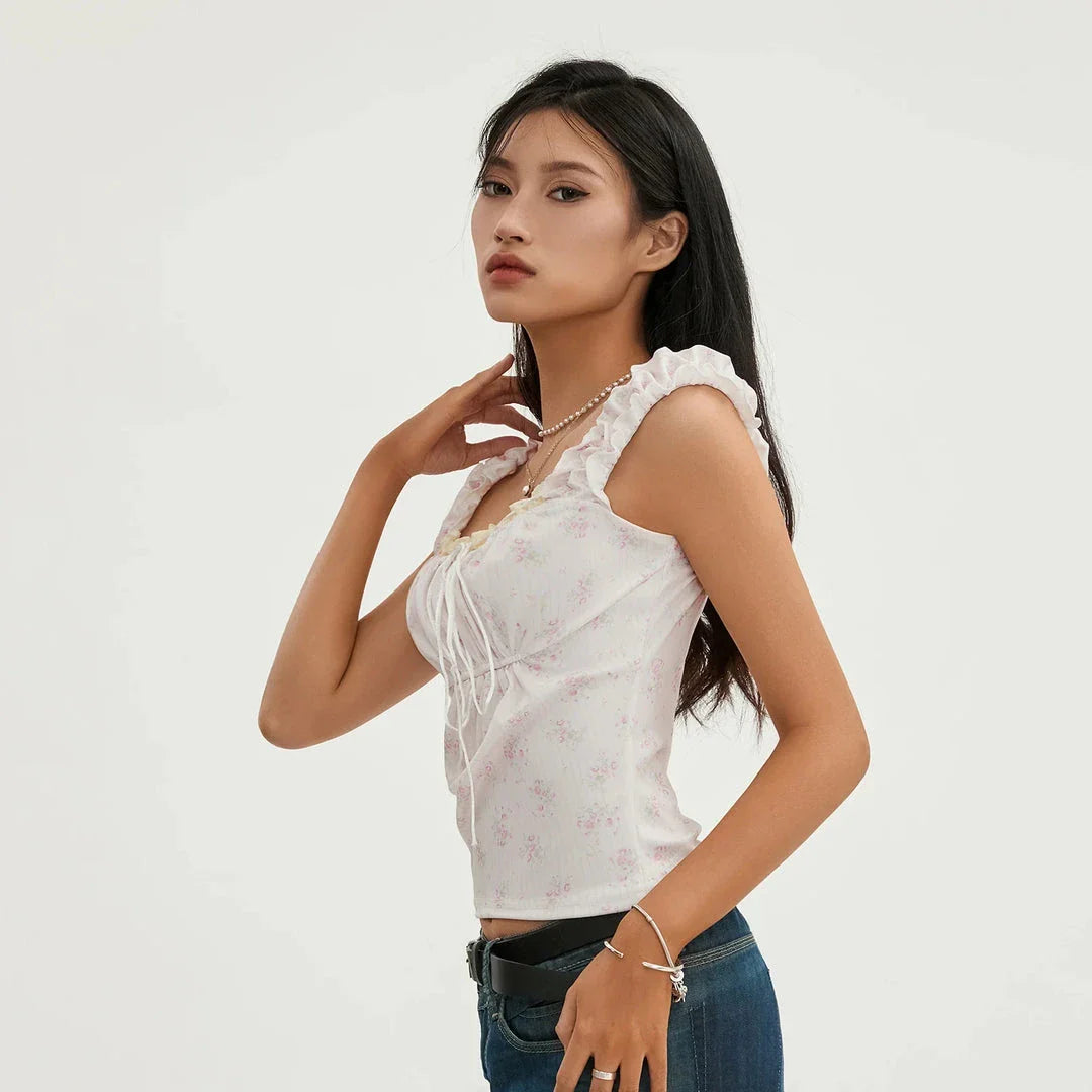 Vintage-inspired grunge lace patchwork crop top in pink color with intricate design and slim fit