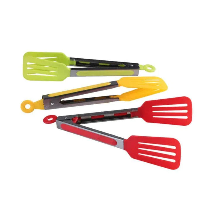 Colorful stainless steel BBQ tongs with silicone grips for secure handling of hot items on the grill