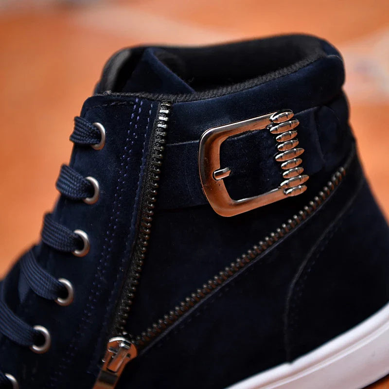 Stylish men's suede sneakers with a belt buckle detail, available in yellow, black, and dark blue colors.
