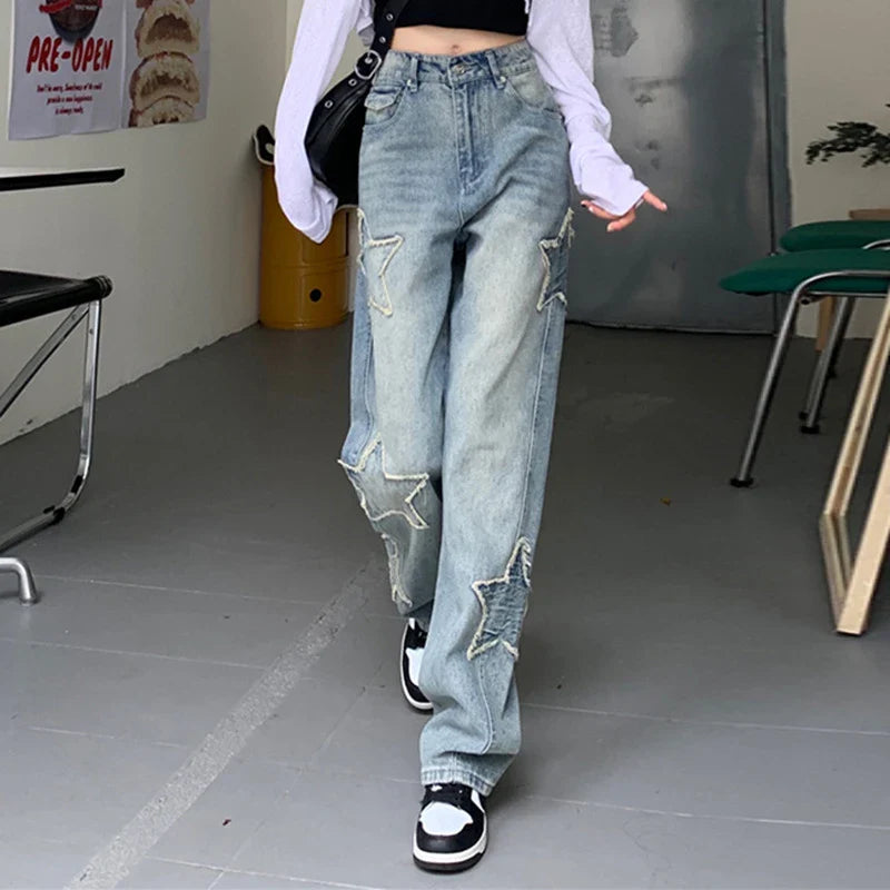Premium embroidered high-rise straight leg denim jeans in a classic blue color