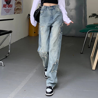 Premium embroidered high-rise straight leg denim jeans in a classic blue color