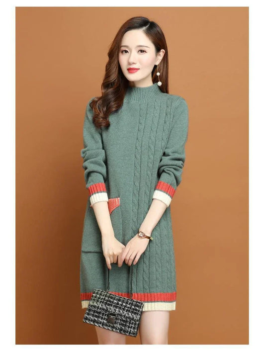 A mid-length knit dress with a cozy half-turtleneck, made of soft polyester fabric for all-day comfort and style.