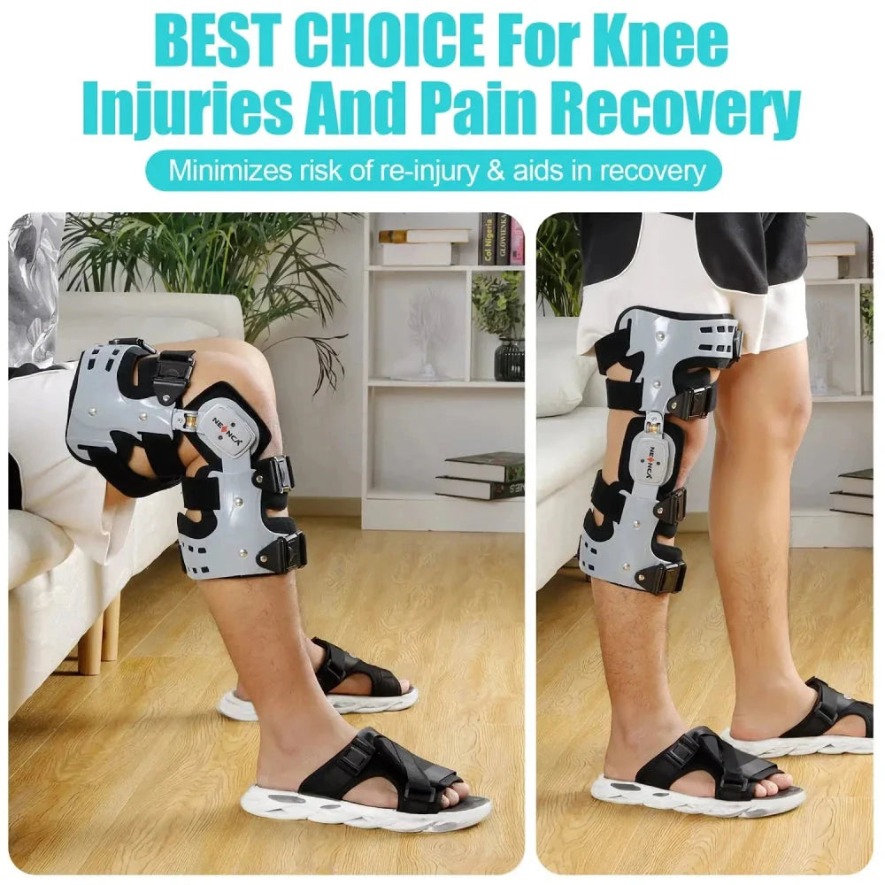Adjustable knee brace with hinged stabilizer for enhanced recovery, featuring durable aluminum, breathable fabric, and customizable range of motion.