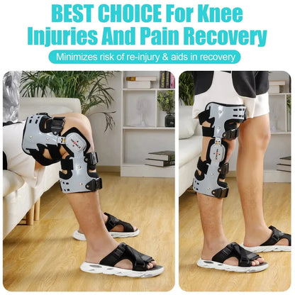 Adjustable knee brace with hinged stabilizer for enhanced recovery, featuring durable aluminum, breathable fabric, and customizable range of motion.