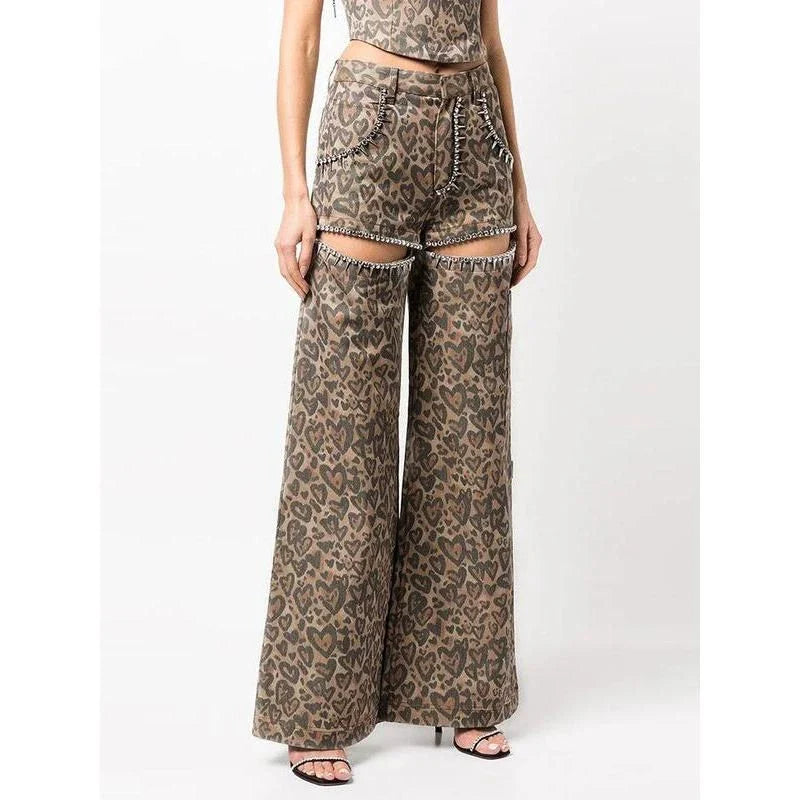 Hhomeenjoy US Chic High-Waisted Patchwork Leopard Denim Trousers