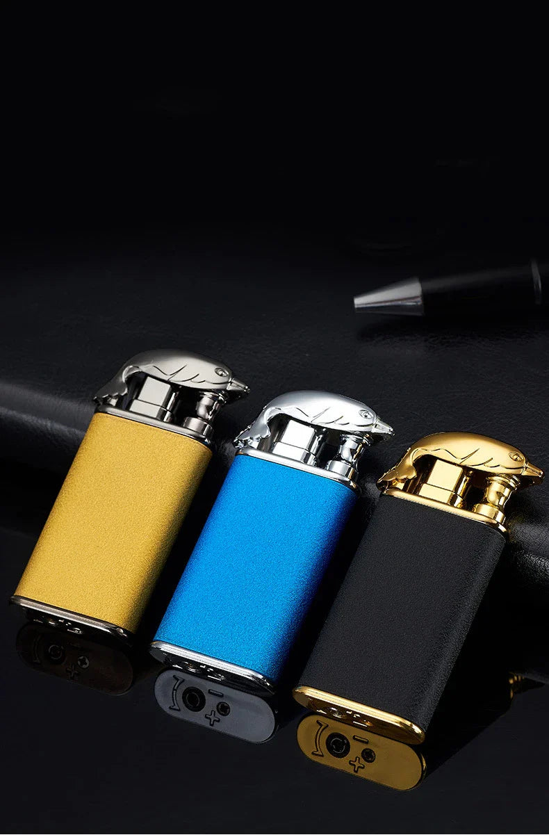 Multipurpose windproof lighter with a dragon or dolphin design, featuring a dual-flame and wind-resistant construction for versatile use.