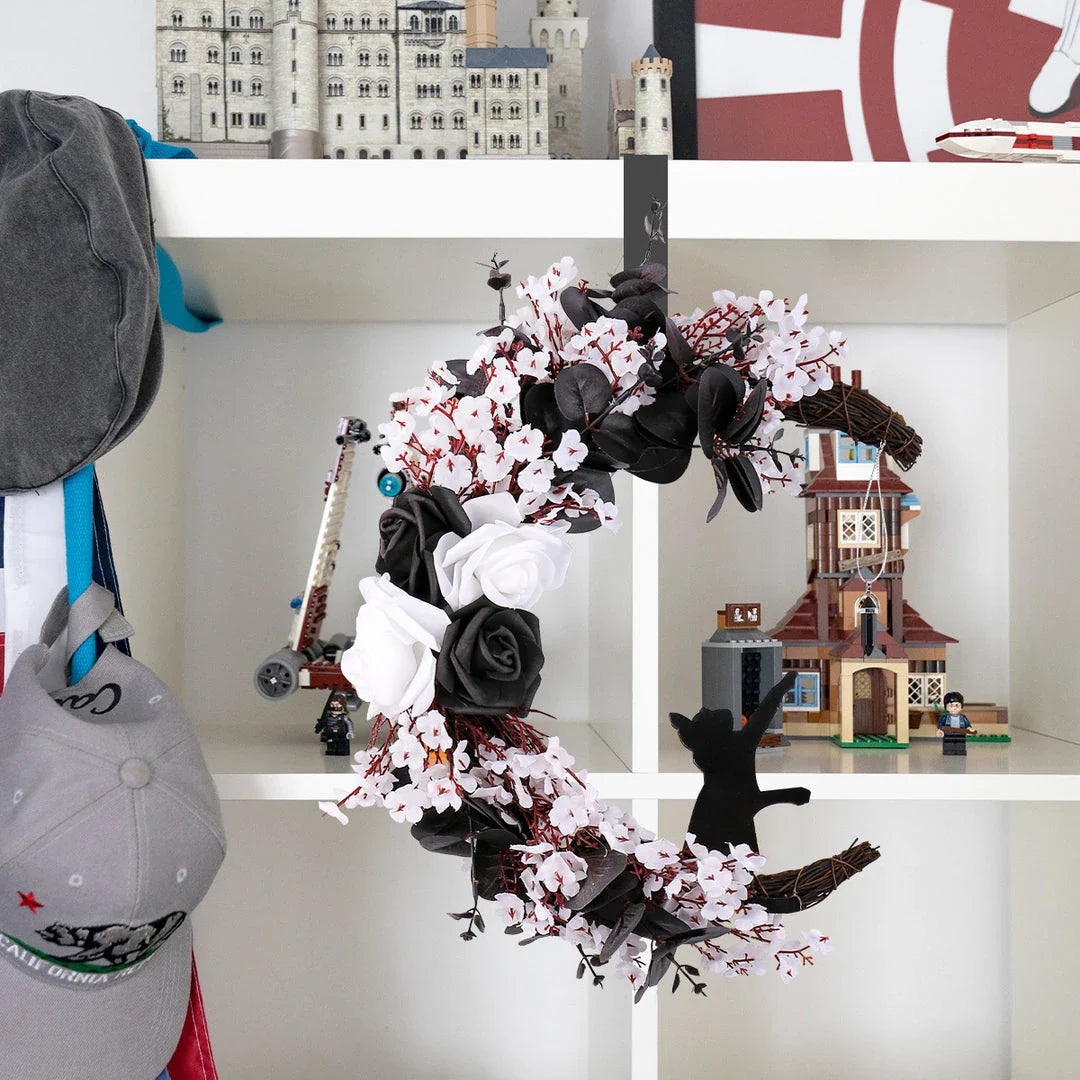 Halloween White Flower Black Rose Dried Wood Moon Cat Garland Ornaments