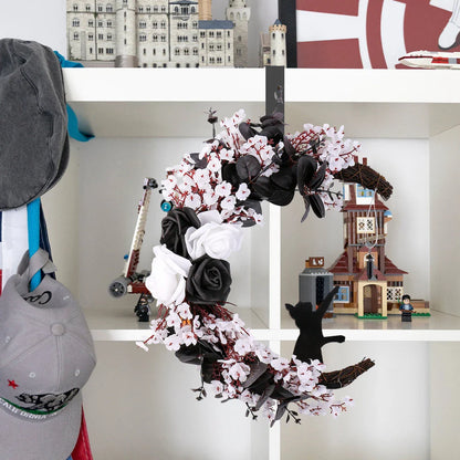 Halloween White Flower Black Rose Dried Wood Moon Cat Garland Ornaments
