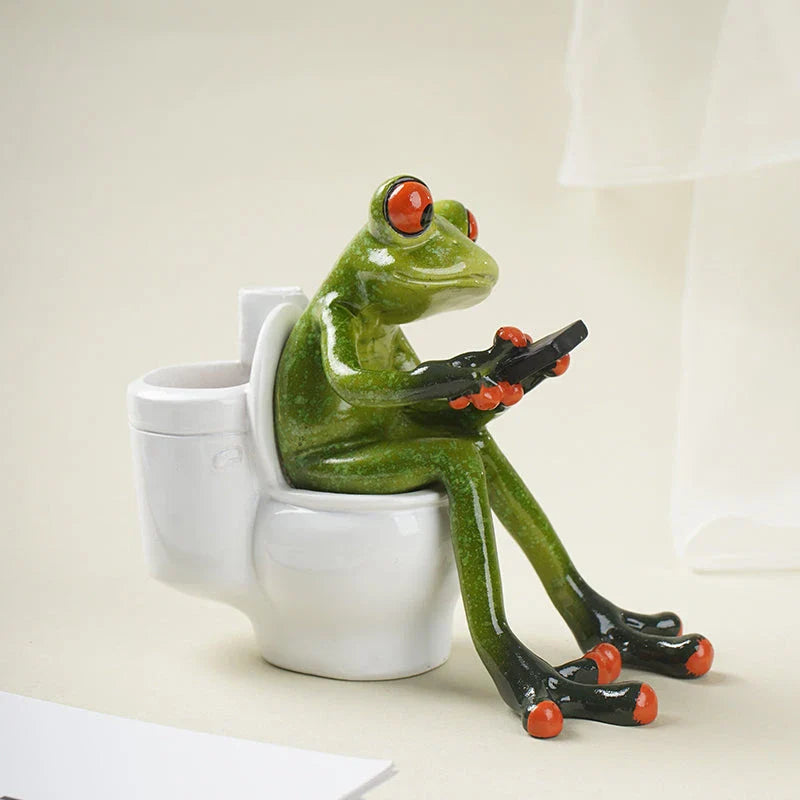 Resin frog figurines in a bathtub, adding a playful touch to bathroom decor