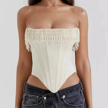 Chic strapless corset top with beaded tassels in white color, perfect for beach parties and special events