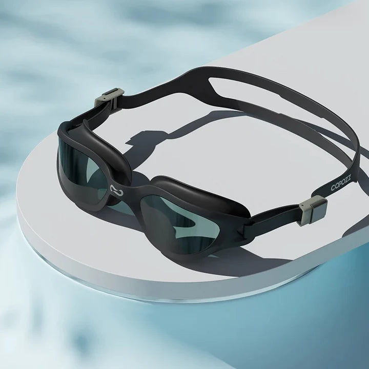 Premium anti-fog mirrored swimming goggles with adjustable silicone strap and UV protection