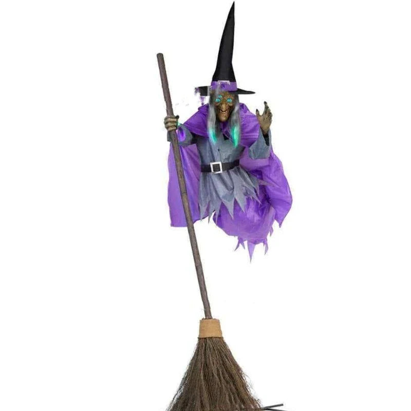 Large 6-foot animated floating witch decoration for outdoor Halloween, with lifelike facial features and flowing purple skirt