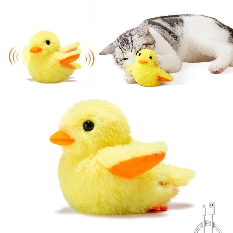 Interactive plush duck toy with flapping wings and quacking sounds, designed to engage and entertain cats