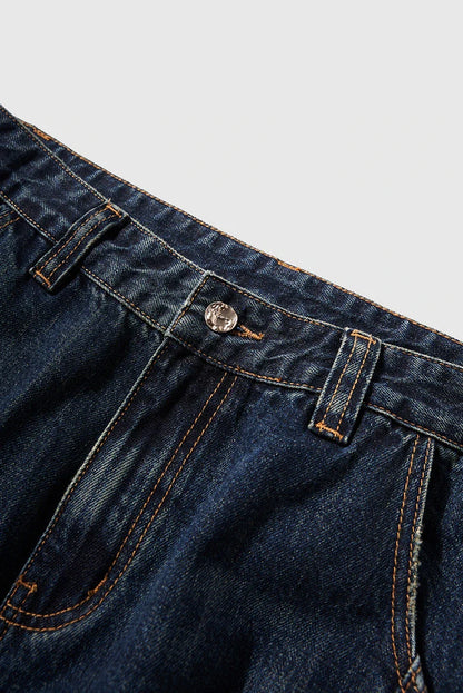 Men's relaxed fit retro straight-leg jeans in black, gray, and denim blue with vintage-inspired details