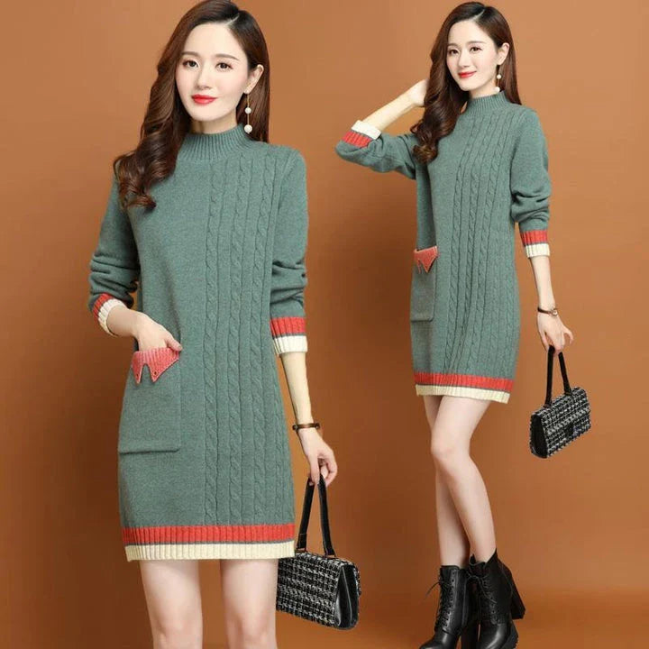 A mid-length knit dress with a cozy half-turtleneck, made of soft polyester fabric for all-day comfort and style.