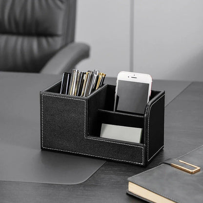 Elegant leather desk organizer with multiple compartments for storing pens, business cards, and other small items