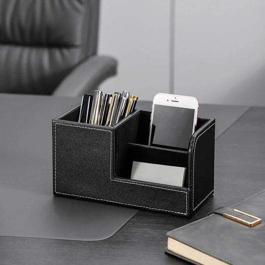 Elegant leather desk organizer with multiple compartments for storing pens, business cards, and other small items