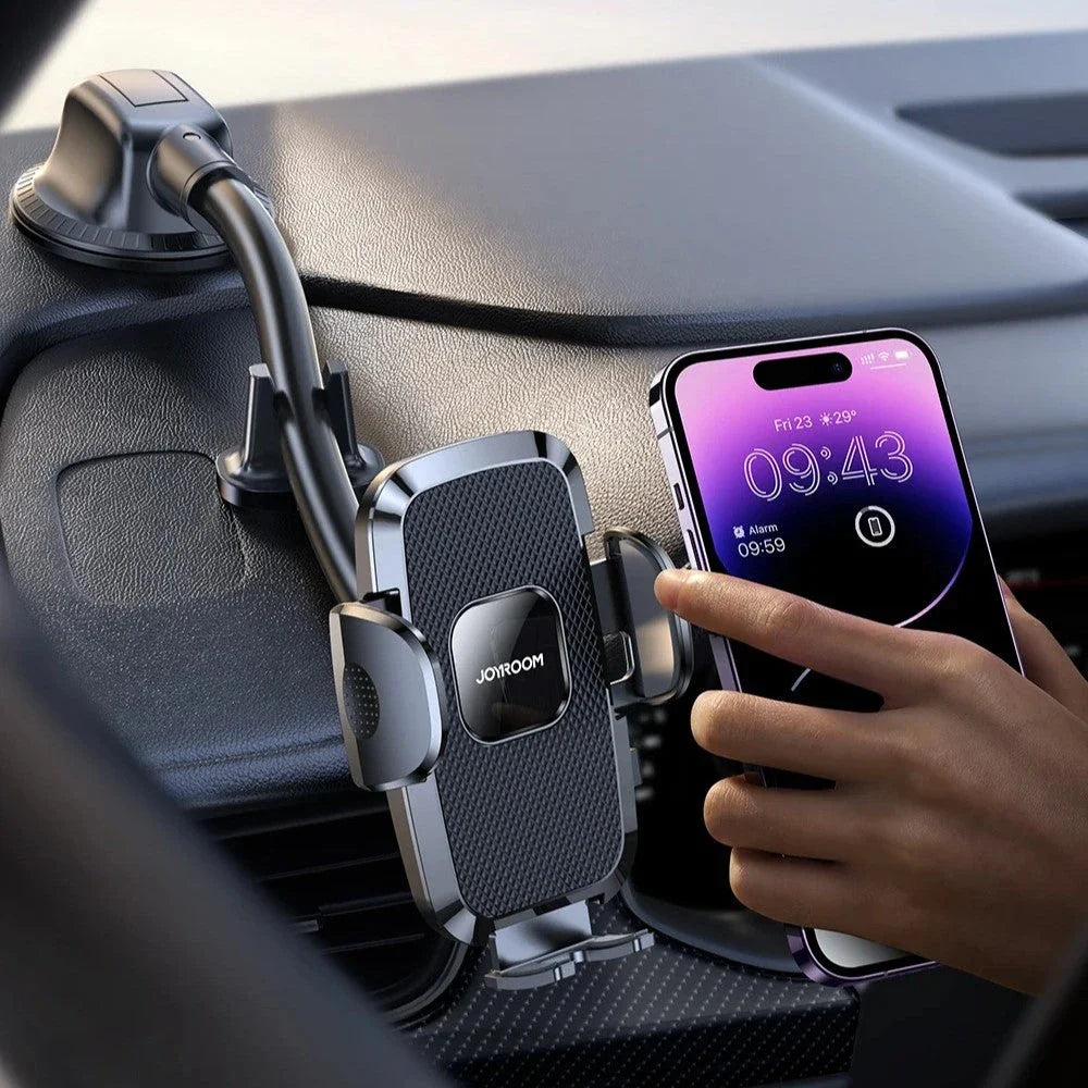360-degree rotating car phone holder with flexible arm and universal smartphone compatibility