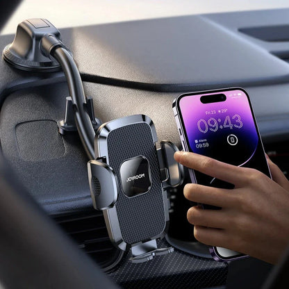 360-degree rotating car phone holder with flexible arm and universal smartphone compatibility