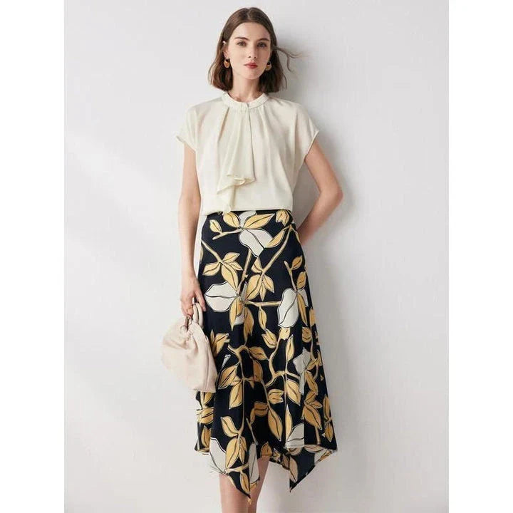 Elegant floral silk A-line skirt with mid-calf length and asymmetrical decoration for timeless style