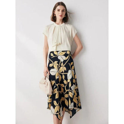 Elegant floral silk A-line skirt with mid-calf length and asymmetrical decoration for timeless style