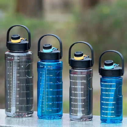 A large capacity sports water bottle with a straw lid and time stamps, designed for ultimate hydration and convenience.