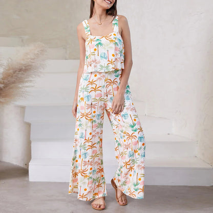 A stylish wide-leg jumpsuit with a paisley print design and a suspender top, perfect for women's casual and streetwear fashion.