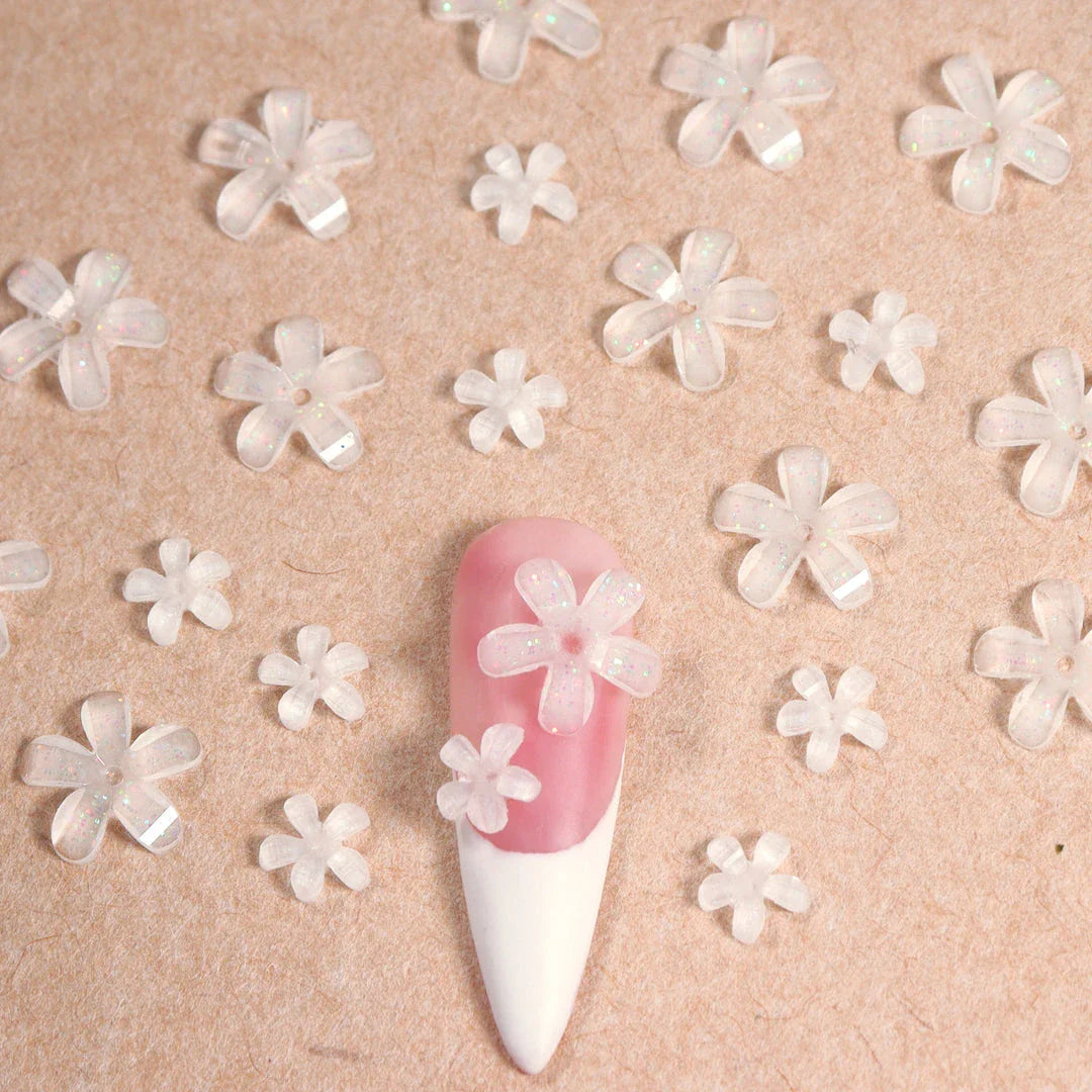 Transparent jelly 3D flower nail charms with rhinestone accents for elegant and charming nail art designs