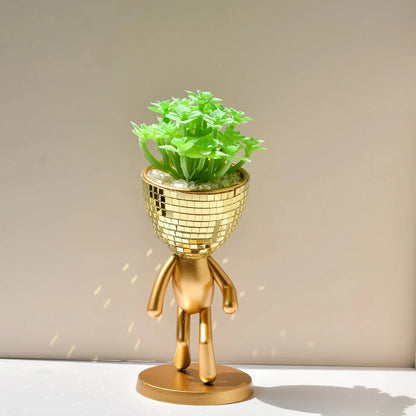 Elegant mirror disco walking man planter pot with sparkling mirror tiles and a unique walking man design