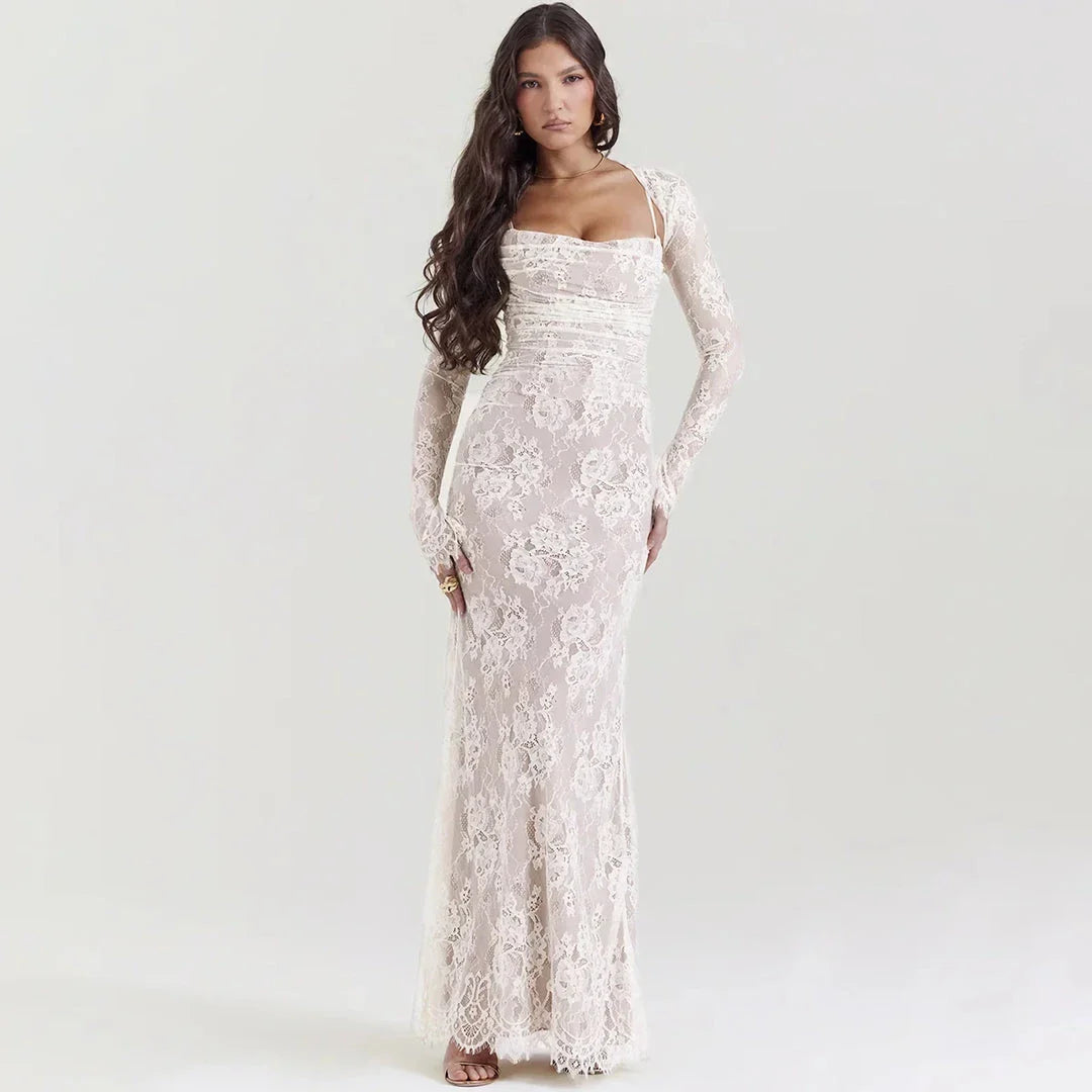 Elegant ivory lace 2-piece evening dress set with tie-up back and ankle-length silhouette